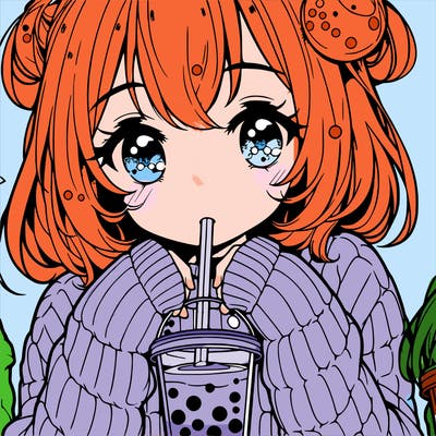manga girl drinking boba in cozy sweater