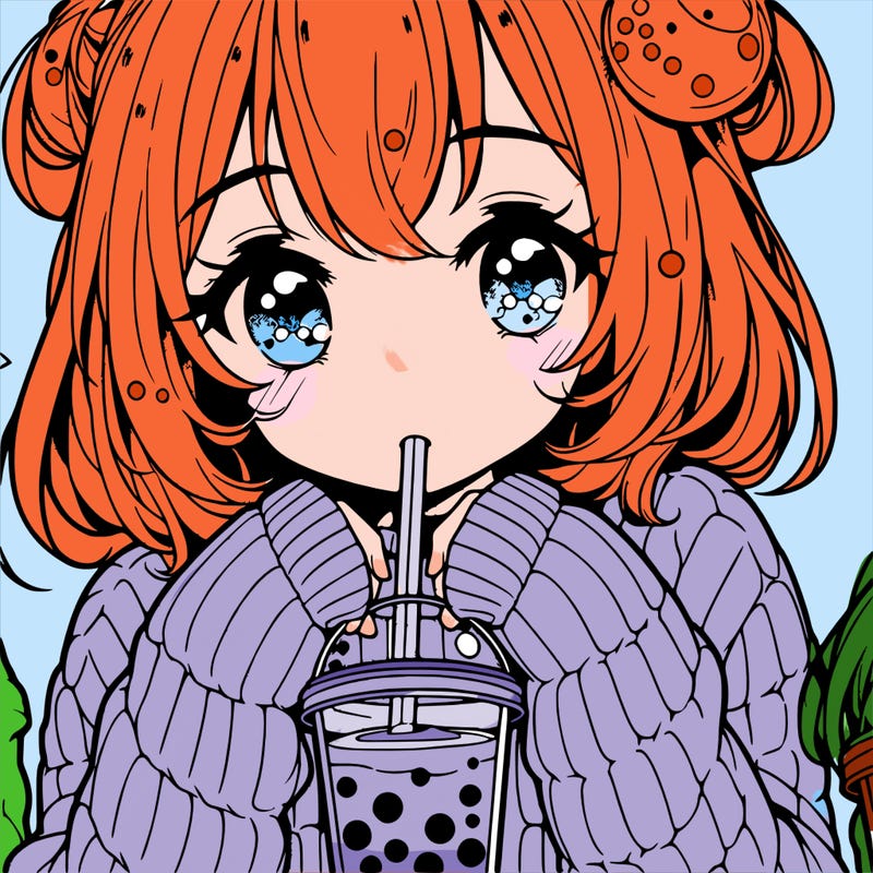 manga girl drinking boba in cozy sweater