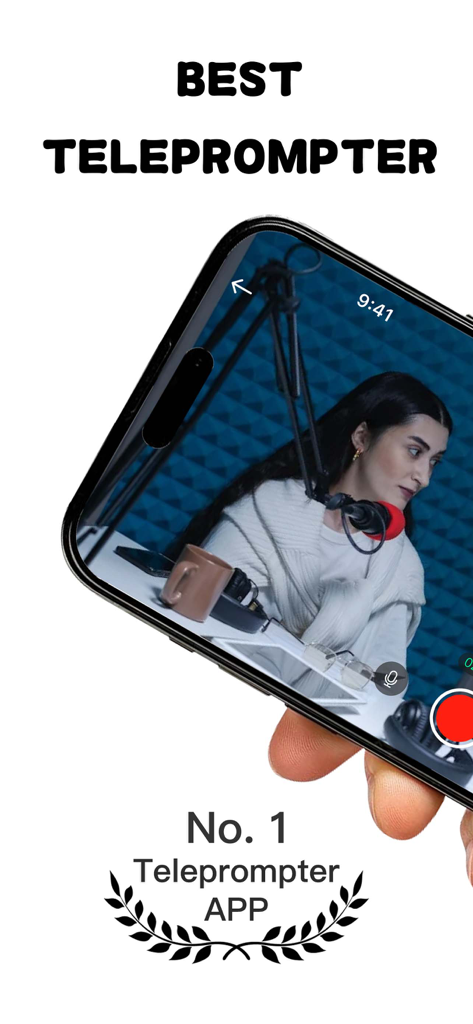 Teleprompter & Captions-TeCap - A person holding a smartphone displaying the TeCap teleprompter app with a recording studio scene on the screen