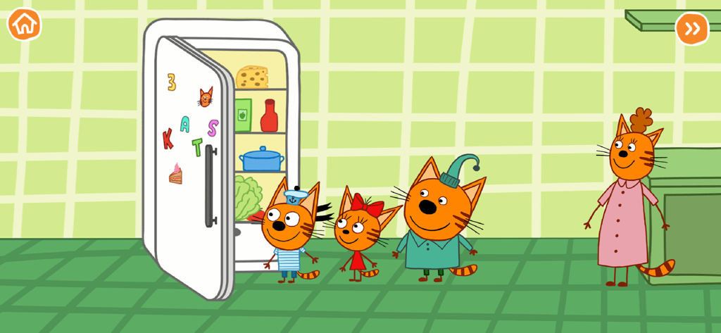 Kid-E-Cats characters Cookie, Candy, and Pudding looking into an open refrigerator in the kitchen.