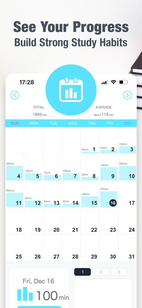 Study Timer: Focus & Pomodoro - Interfaz de la aplicación Study Timer que muestra un calendario de progreso mensual con registros diarios de sesiones de estudio y estadísticas.