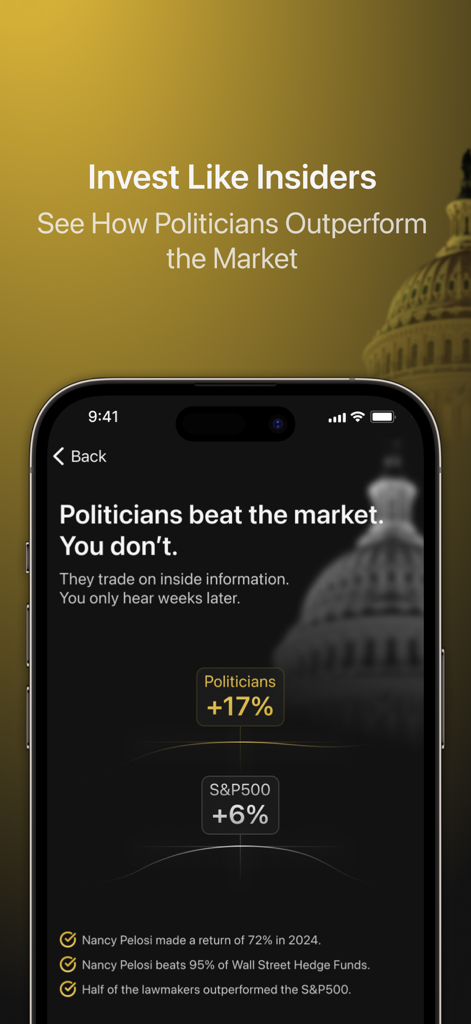 Wolf of Washington - Wolf of Washington app comparison showing politician stock performance versus the S&P 500 index