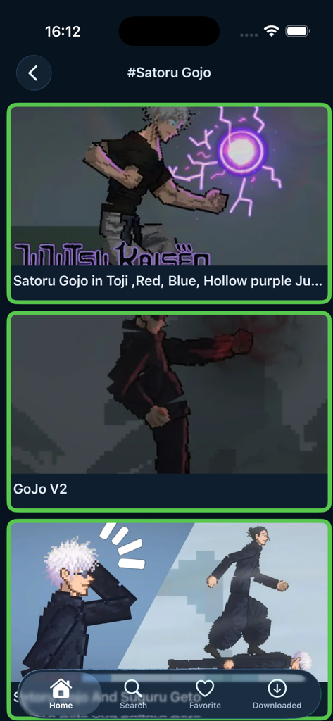 Search results for Satoru Gojo character mods in the Melon Playground utility app.