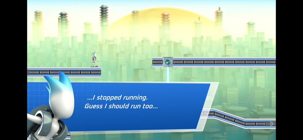 G-Switch 4: Creator - A dialogue scene from the G-Switch 4 story mode featuring a sci-fi city background