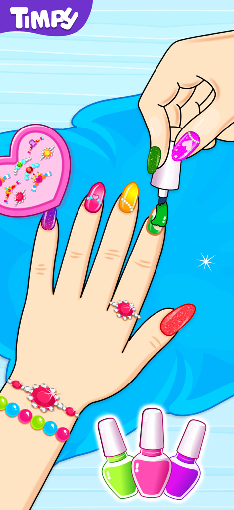 Un gioco digitale di manicure per principesse che mostra una mano a cui viene applicato uno smalto verde e decorato con gioielli.