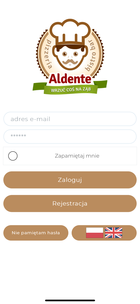 Login screen of the Aldente Bistro mobile app with fields for email, password, and buttons for registration and language selection.