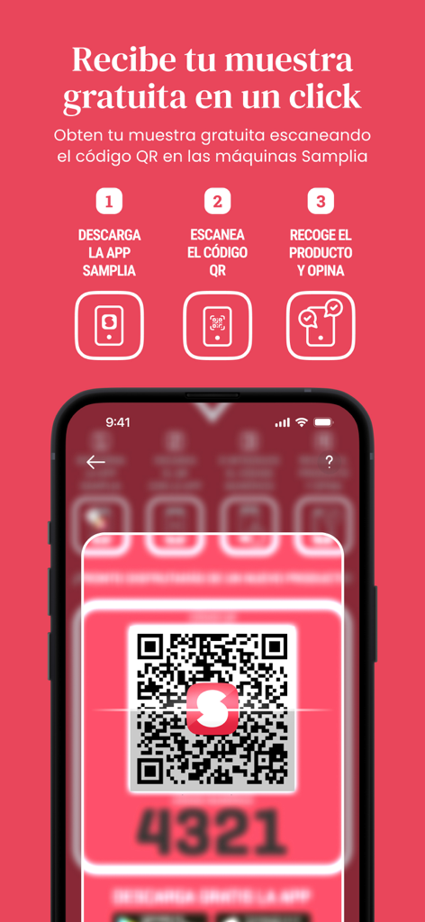 Samplia - Pantalla de un smartphone que muestra los tres pasos para obtener muestras gratuitas con Samplia escaneando un código QR en una máquina expendedora.