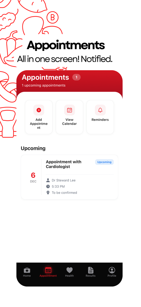 Vitals AI - Health - Vitals AI app screen showing upcoming doctor appointments and medical reminders.