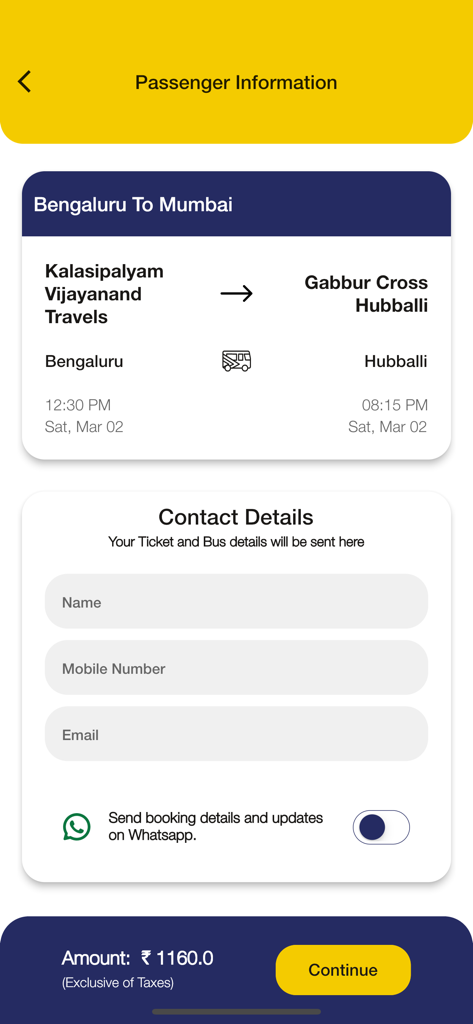 Vijayanand Travels - Passenger information and contact form on the Vijayanand Travels mobile app for a bus booking from Bengaluru to Hubballi