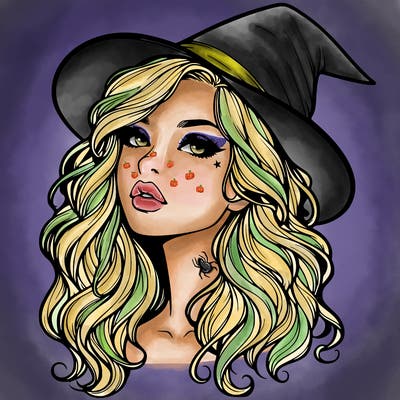 realistic witch girl with wavy hair and lips