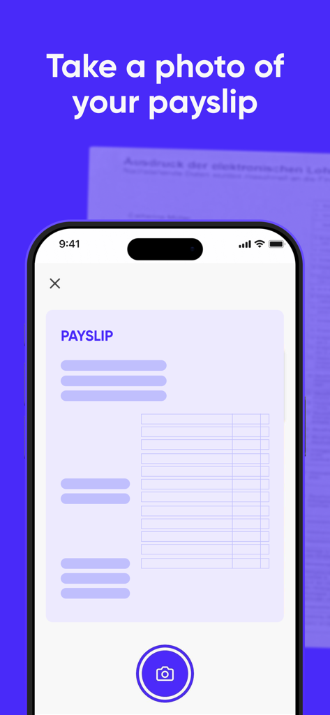 Smartphone screen displaying the Steuerbot app payslip photo capture feature.