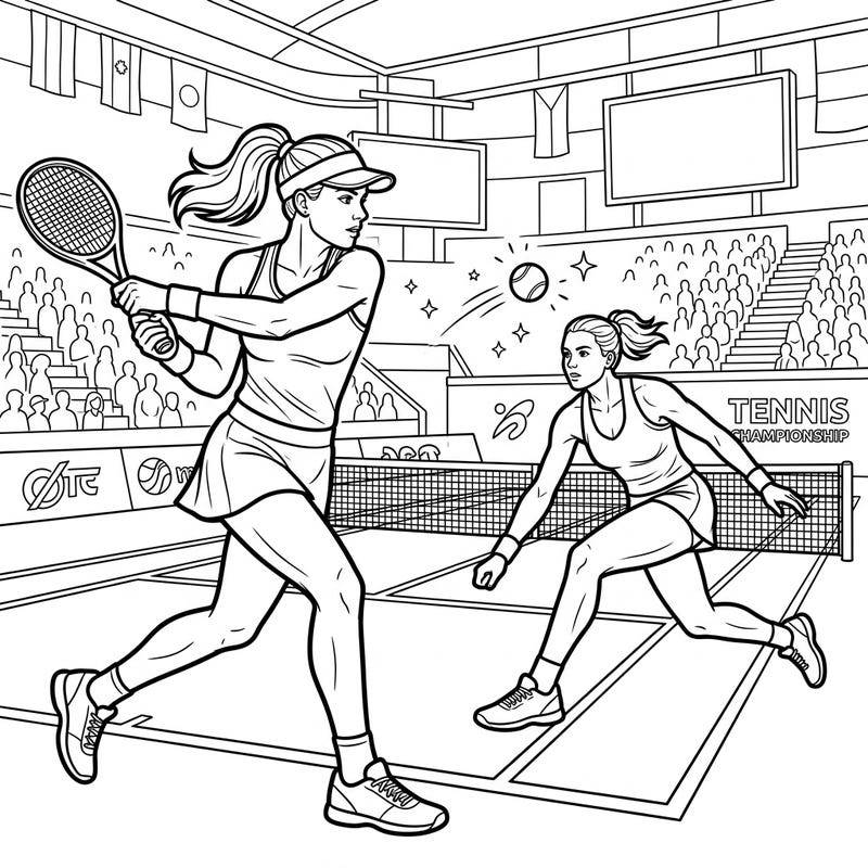 Experience the excitement of a high-stakes tennis championship with this dynamic coloring page. Capture the intensity and grace of professional players as they battle on the court.