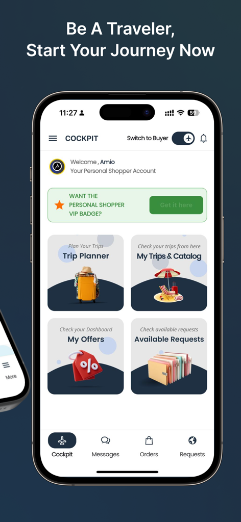 Shpper - Shpper app traveler cockpit interface with trip planner and shopping requests