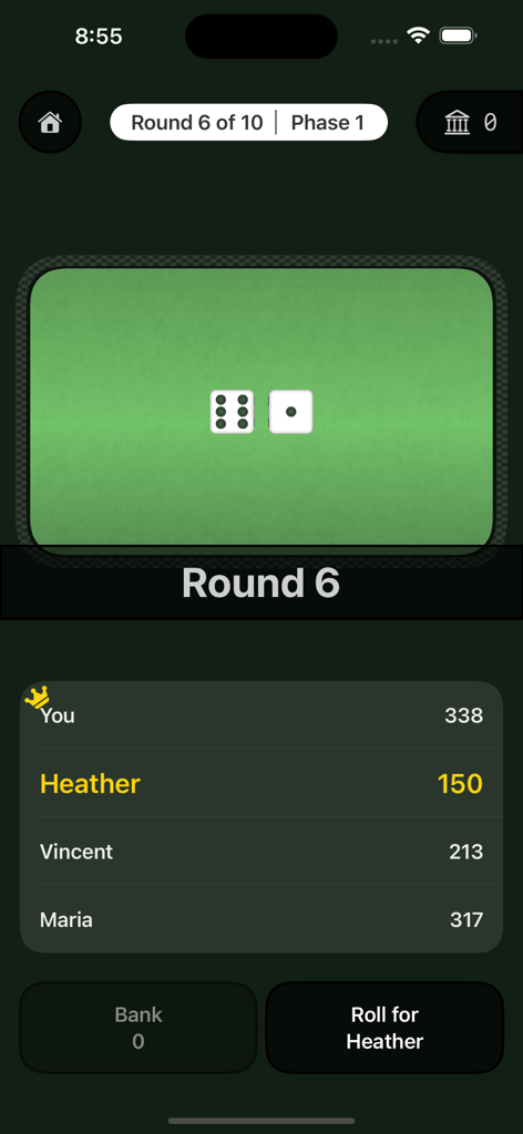 Bank dice game gameplay screen showing a multiplayer round leaderboard and dice on a green mat