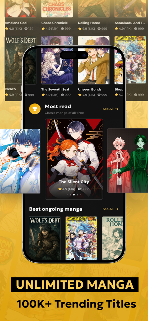 Interface do aplicativo móvel Manga Reader King mostrando uma biblioteca de títulos de mangá e manhwa populares em modo escuro.