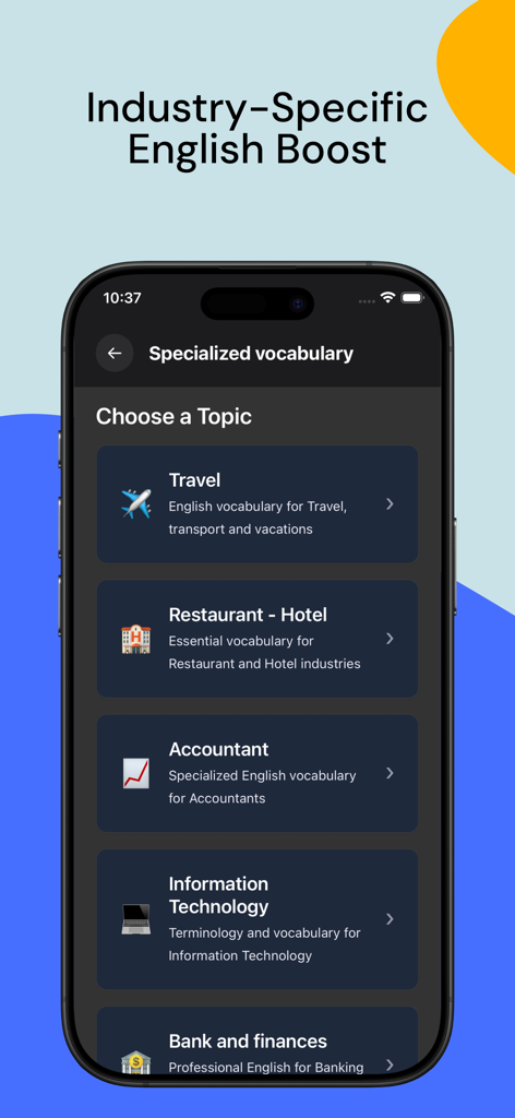 English Mastery - TOEIC, IELTS - Smartphone screen showing specialized English vocabulary topics for industries like IT and Finance