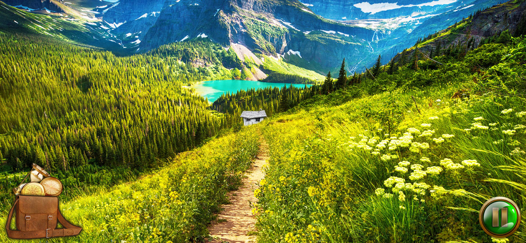 The Lone Survivor - Adventure - Paisagem de vale de montanha cênica com uma trilha e lago no jogo de aventura O Sobrevivente Solitário