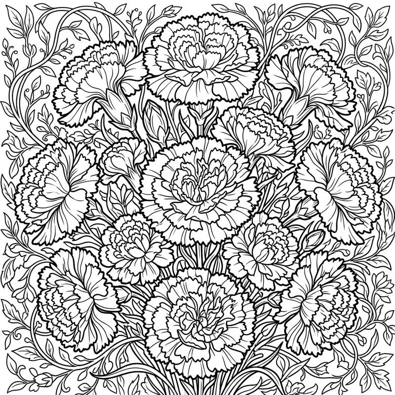 Immerse yourself in the lush details of a magnificent carnation bouquet, presented in a beautifully intricate coloring template. Unleash your creativity and bring these ruffled blooms to life with your favorite colors.