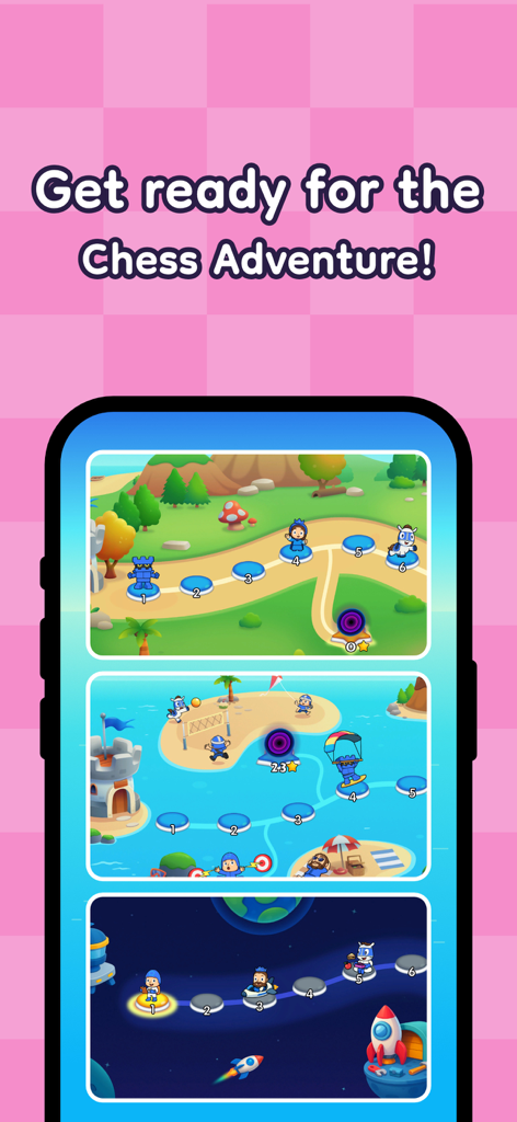 ChessWorld - Chess for Kids - Una pantalla de móvil que muestra tres mapas de aventuras temáticos para el juego infantil ChessWorld