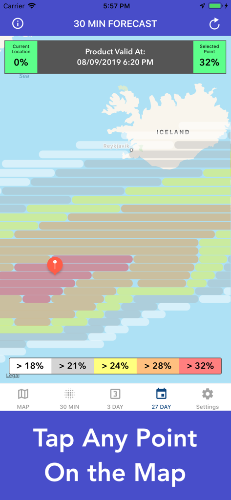 Interactive aurora forecast map showing visibility percentages and a location pin over Iceland
