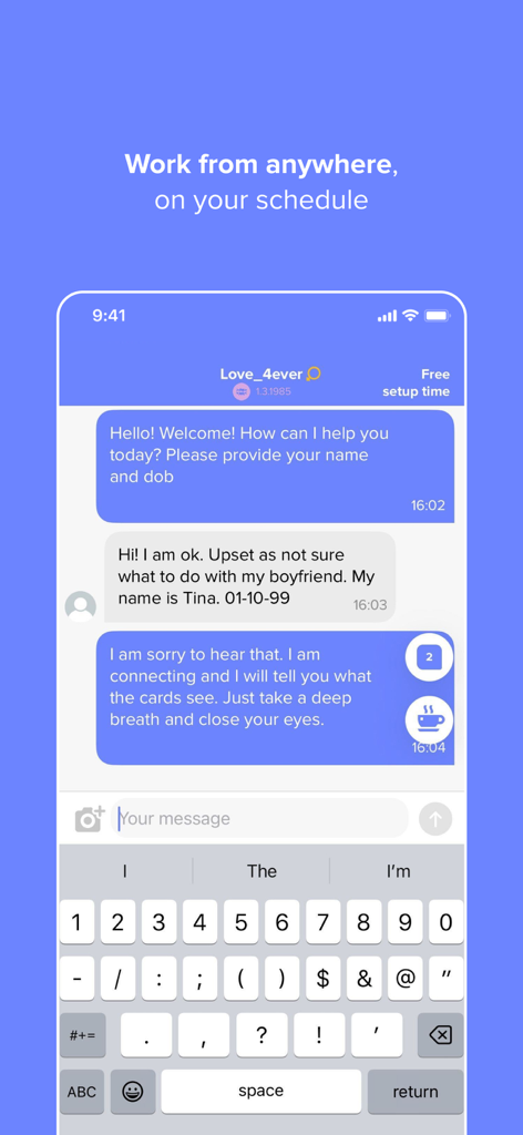 Interface de chat mobile de l'application Kasamba Advisors montrant une séance de voyance.