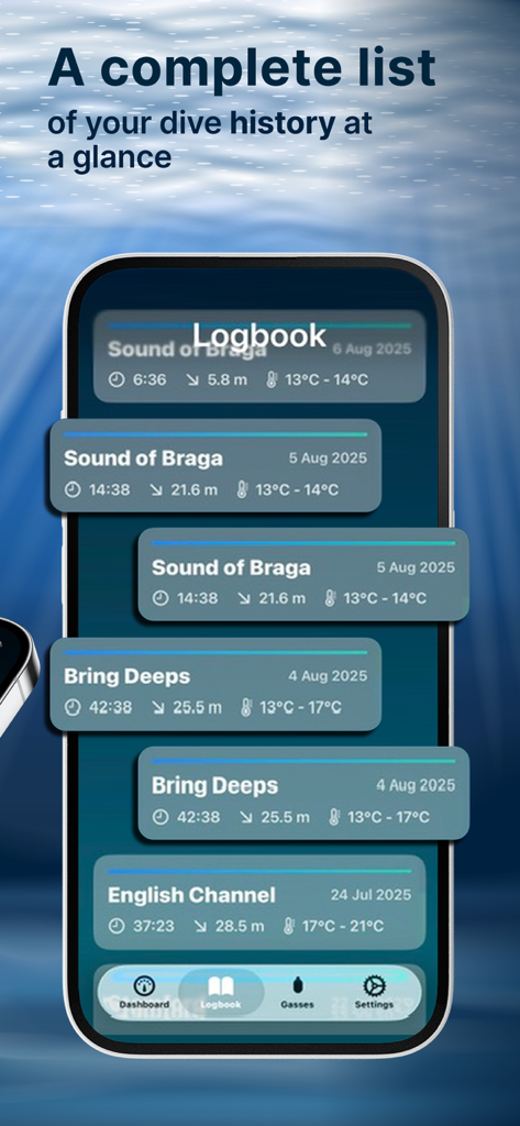 A list of scuba dive history in the Pro Dive app logbook