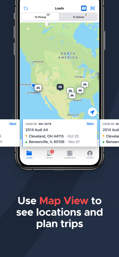Super Dispatch app interface showing a map of North America with car icons representing load locations for trip planning.