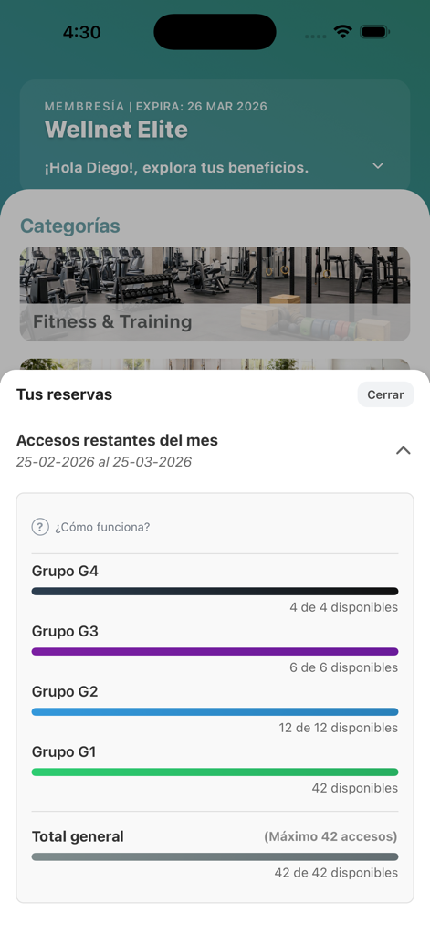 Wellnet mobile app interface showing membership status and remaining monthly access limits for fitness centers