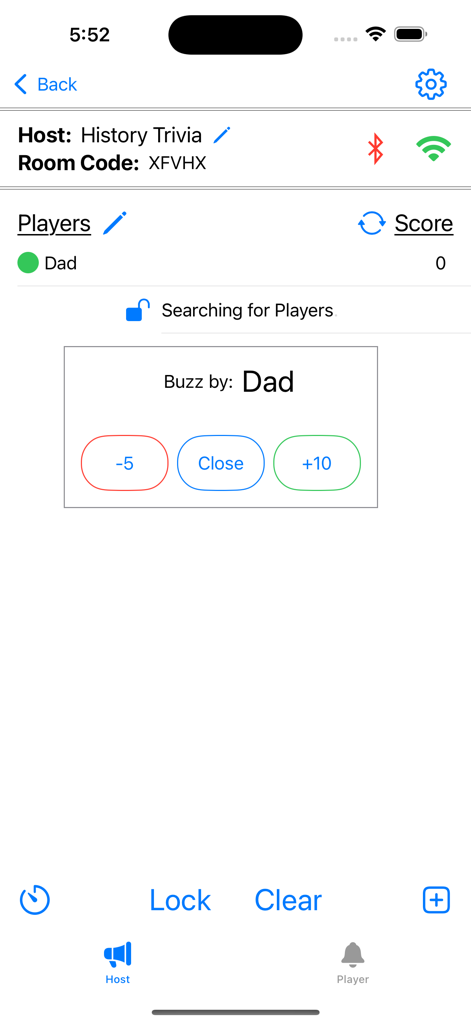 EZBuzzer host dashboard showing player buzz in status and score controls