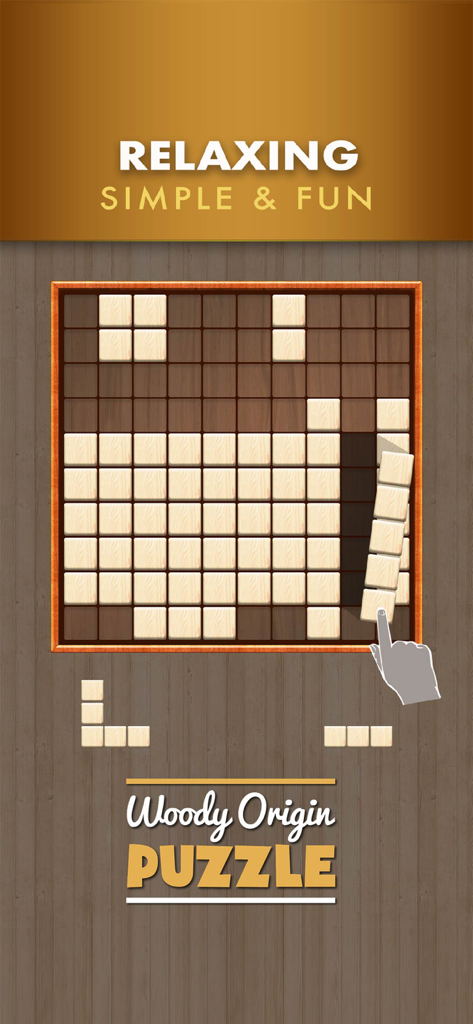 Block Puzzle Woody Origin - Interfaccia del gioco puzzle Woody Origin che mostra blocchi di legno su una griglia con una mano che trascina un pezzo verticale.