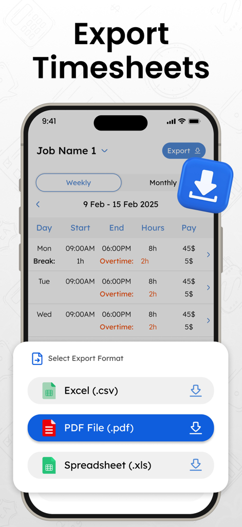 Tela do aplicativo Rastreador de Horas de Trabalho mostrando opções para exportar folhas de ponto como arquivos PDF, CSV ou Excel.