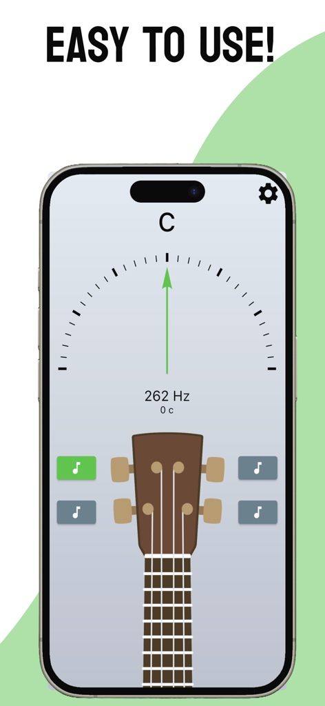 Ukulele Tuner - Simple Tuner - Interface d'application d'accordeur de ukulélé facile à utiliser montrant une note Do parfaitement accordée