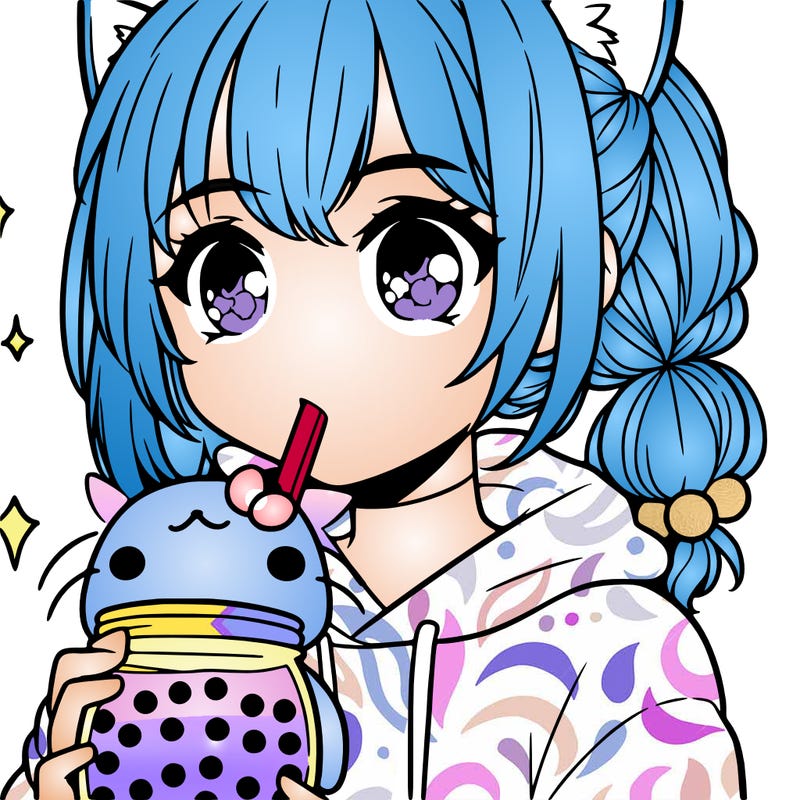 anime girl drinking cat themed boba
