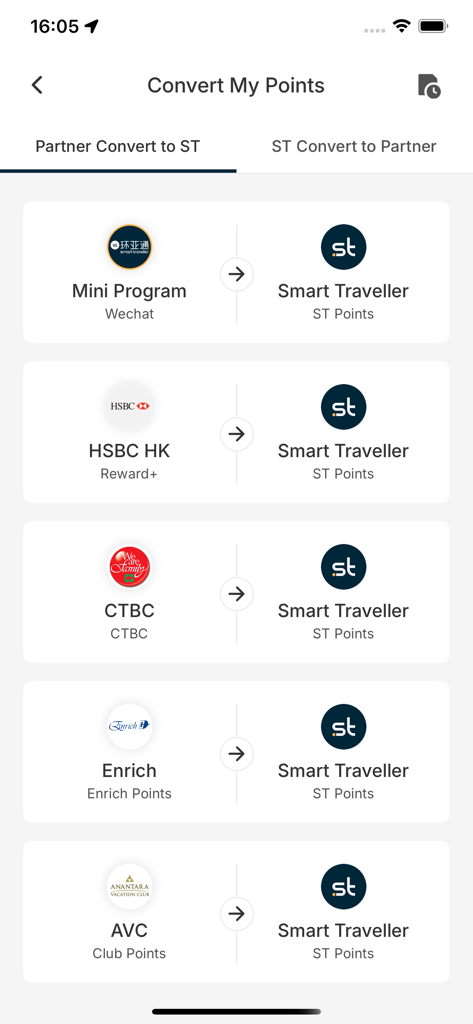 Smart Traveller app interface for converting partner loyalty points to ST points