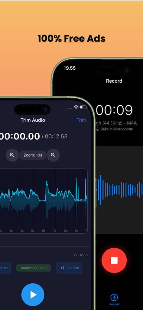 iRecorder: Background Recorder - Two phone screens showing the iRecorder app audio trimming interface and a live recording session with no ads
