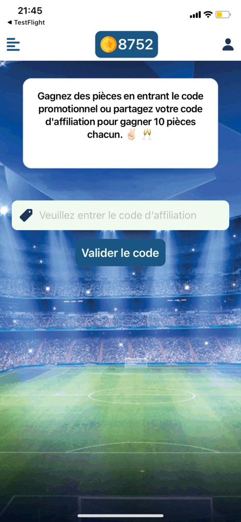 Fun Foot - Uma tela no aplicativo Fun Foot para inserir códigos de indicação e promocionais para ganhar moedas no jogo.