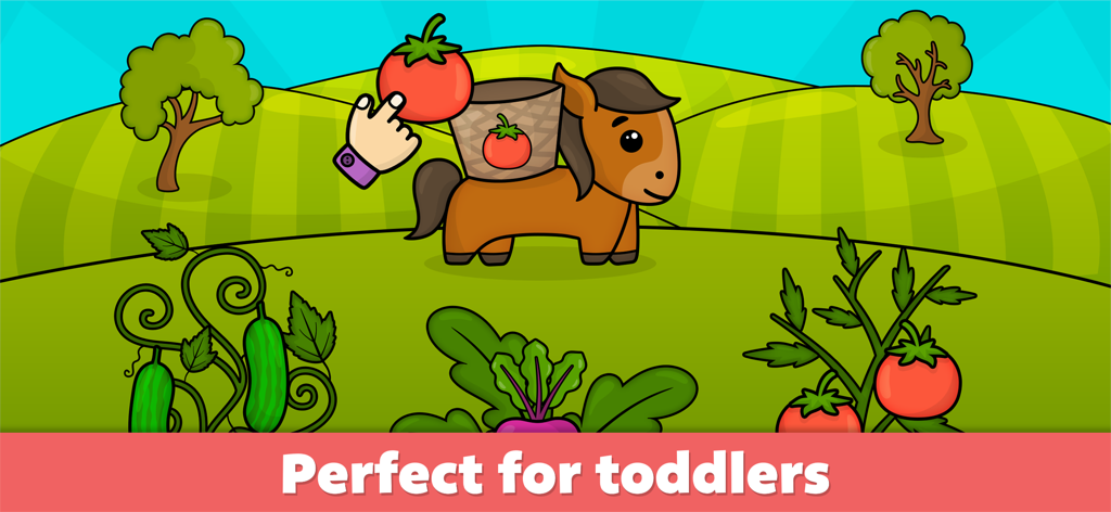 Baby Games for 2–5 Year Olds - Educational game for toddlers showing a child sorting tomatoes into a basket on a cartoon horse