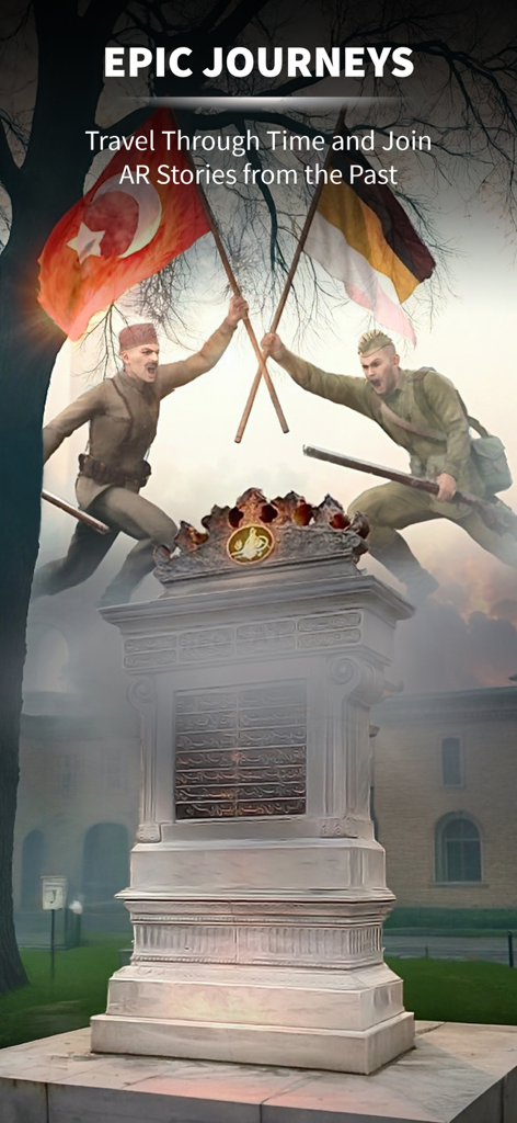 DREAL Museums - AR visualization of historical soldiers holding flags over a monument in the DREAL Museums app