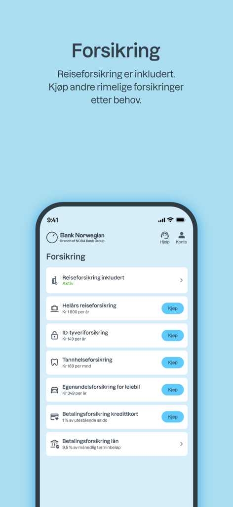 Bank Norwegian mobile app screen showing insurance options like travel and ID theft protection