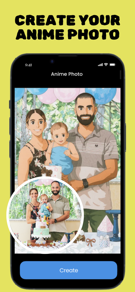 Wonderland: Cartoon Yourself - Una pantalla de smartphone que muestra un retrato familiar transformado en una ilustración estilo anime usando un filtro de IA