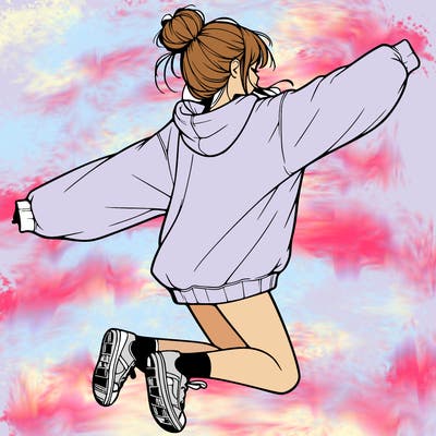 realistic girl jumping with a bun and oversized sweatshirt