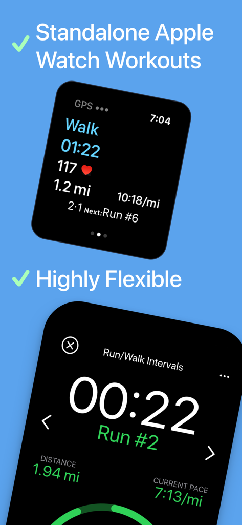 Intervals Pro: HIIT Timer - Intervals Pro app screens on Apple Watch and iPhone showing HIIT workout tracking and metrics