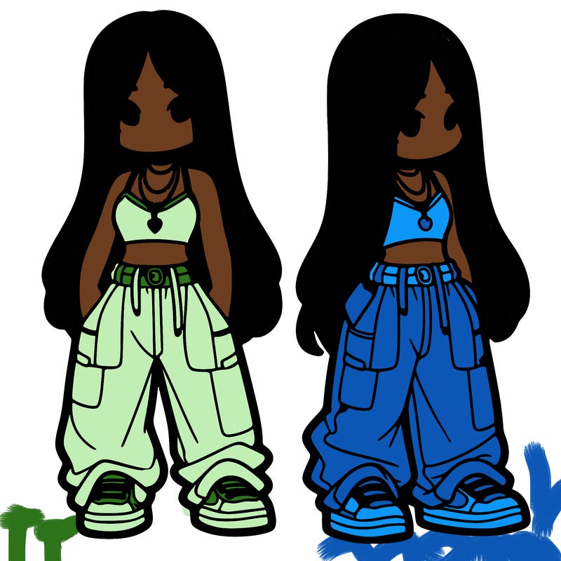 girl in baggy pants crop top and long hair