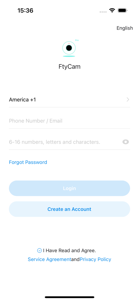 FtyCam - Login screen of the FtyCam app with fields for email or phone and password.