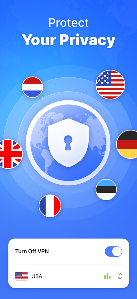 VPN Wave Proxy & AdBlock Pro - VPN Wave mobile Benutzeroberfläche, die Schutz der Privatsphäre und globale Serverstandorte anzeigt