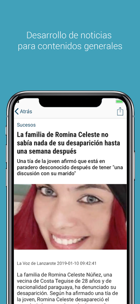 Un iPhone che mostra un articolo di notizie dall'app La Provincia con una foto e un titolo in spagnolo.