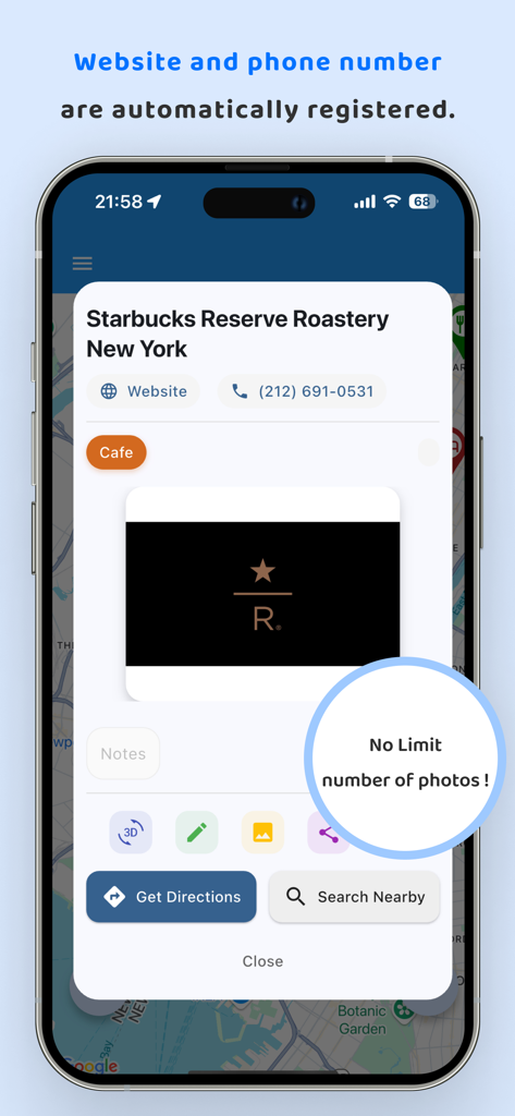 Visão detalhada de um local salvo no aplicativo MyMap mostrando registro automático de site e número de telefone e armazenamento ilimitado de fotos