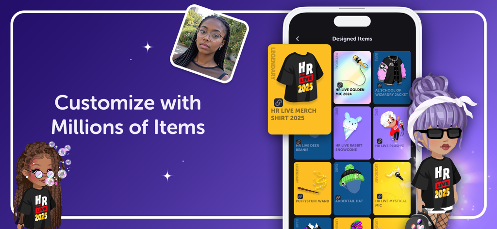 Capture d'écran de l'application Highrise montrant la personnalisation des avatars avec divers articles de mode et accessoires virtuels