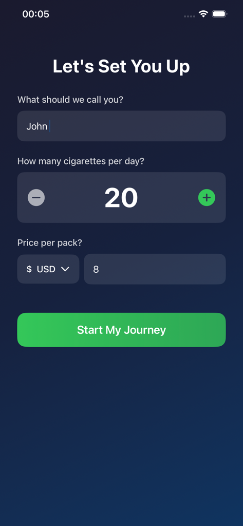Quit Smoky: Stop Smoking - User setup screen for the Quit Smoky app showing fields for name, daily cigarette count, and price per pack