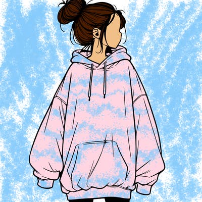 realistic girl with a oversized sweatshirt on and a bun